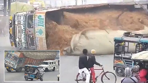Overloaded truck nicks divider, overturns and flattens SUV