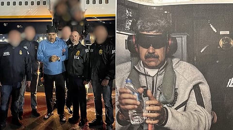 (L) A handcuffed Nicolás Maduro is escorted by US federal agents, including DEA officers, after arriving in New York on Saturday
