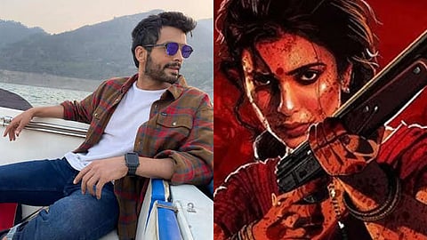 Diganth and a poster of Samantha from Maa Inti Bangaram