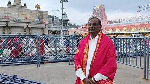 ISRO Chairman V Narayanan visited the Tirupati temple on Saturday.