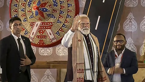 Prime Minister Narendra Modi, centre, during the 'Bhoomi Pujan' ceremony of the Kaziranga Elevated Corridor Project, in Kaliabor, Assam