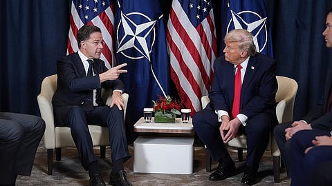President Donald Trump, right, meets with NATO Secretary General Mark Rutte.