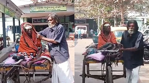 Seventy-five-year-old Babu Lohar with his paralysed wife Jyoti on the trolley rickshaw 