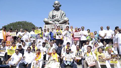 BJP, JDS protest near Mahatma Gandhi statue in Vidhan Soudha premises