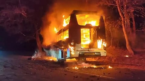 Private bus catches fire