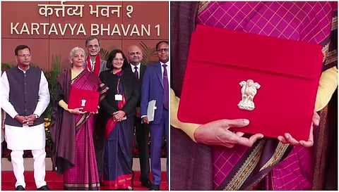 Finance Minister Nirmala Sitharaman along with her team with the Budget tablet outside the Ministry of Finance
