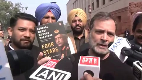 Rahul Gandhi displays Naravane memoir outside Parliament