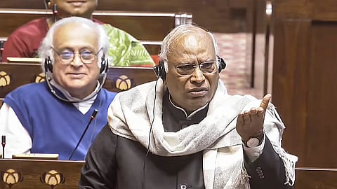 Leader of the Opposition in Rajya Sabha Mallikarjun Kharge speaks in the House during the Budget session of Parliament.