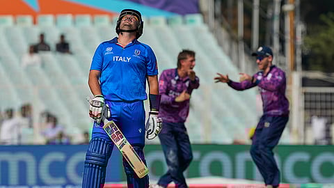 Italy's Benjamin Manenti reacts after his wicket against Scotland on Monday