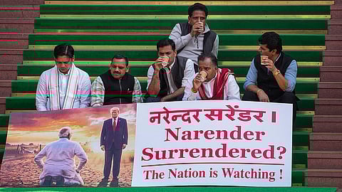 Opposition MPs who were suspended by the Speaker during the Budget session, protest outside the Parliament on Feb 10, 2026.