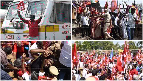 Members from various trade unions stage rail roko against the "anti-worker, anti-farmer and anti-national pro-corporate policies" of the Union government in Tiruchy.
