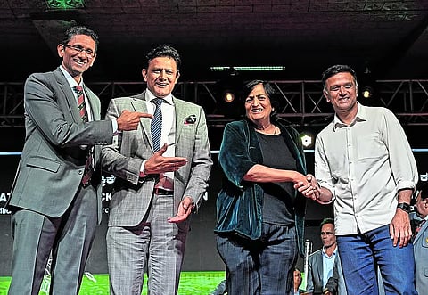 Chinnaswamy Stadium, the spectator stands were named after cricket legends Shantha Rangaswamy, Anil Kumble, and Rahul Dravid. 