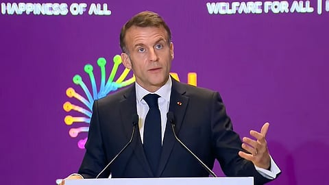 French President Emmanuel Macron addresses the gathering during the India AI Impact Summit 2026 in New Delhi