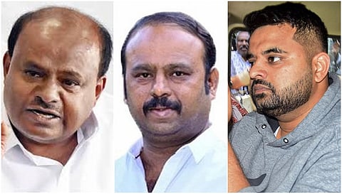 H D Kumaraswamy, Kadaluru Uday and Prajwal Revanna(File photo)