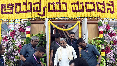 Chief Minister Siddramaiah arriving at South Gate of Vidhana Soudha after Cabinet meeting in Bengaluru on Thursday.