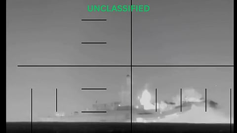 This image from video provided by U.S. Defense Department shows explosion on an Iranian ship in the Indian Ocean during the Iran war. 