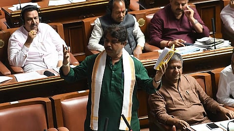Leader of the Opposition R Ashoka speaks in the Legislative Assembly on Tuesday.