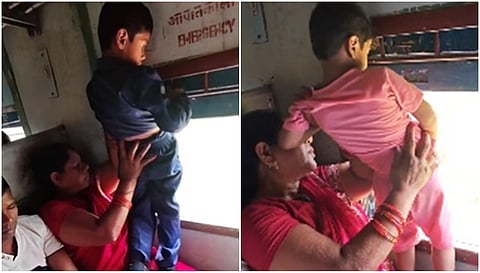 Mother urinates children through train window