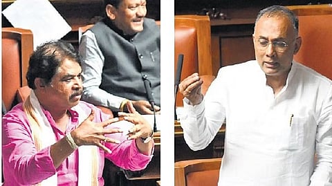 (Left) LoP in Assembly R Ashoka and Health and Family Welfare Minister Dinesh Gundu Rao make their points in the Assembly on Tuesday.