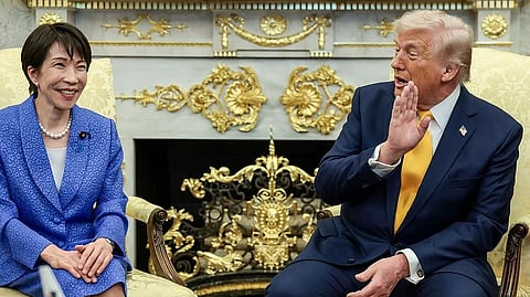 US President Donald Trump meeting with Japanese Prime Minister Sanae Takaichi in the Oval Office at the White House in Washington, DC.