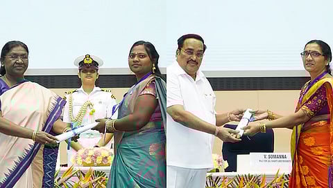 Anitha (L) and Channamma receiving awards at the Jal Mahotsava 2026.