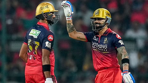 Royal Challengers Bengaluru's Devdutt Padikkal, left, and Virat Kohli during an Indian Premier League (IPL) 2026 T20 cricket match between Sunrisers Hyderabad