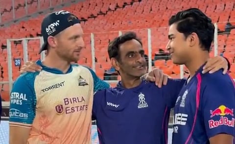 Jos Buttler - RR team manager Romy Bhinder - Vaibhav Sooryavanshi