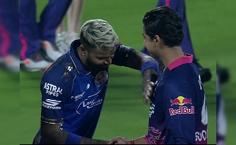 Hardik Pandya with Vaibhav Sooryavanshi after RR's win over MI in IPL 2026.