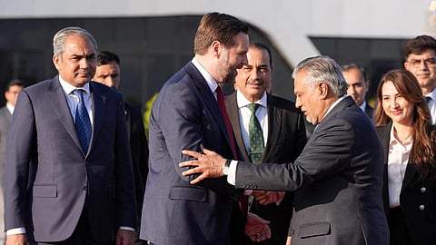 U.S. Vice President JD Vance shakes hands with Pakistani Deputy Prime Minister and Foreign Minister Mohammad Ishaq Dar