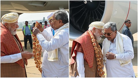 PM Modi welcomed by CM Siddaramaiah in HAL airport in Bengaluru 