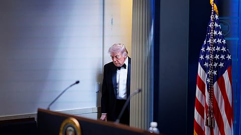 President Donald Trump arrives at the James Brady Press Briefing Room at the White House 