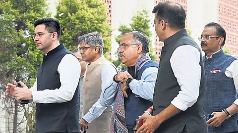 AAP Rajya Sabha MPs Raghav Chadha, Sandeep Pathak and others arrive to meet BJP president Nitin Nabin