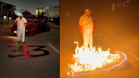 man sets road on fire to record birthday reel