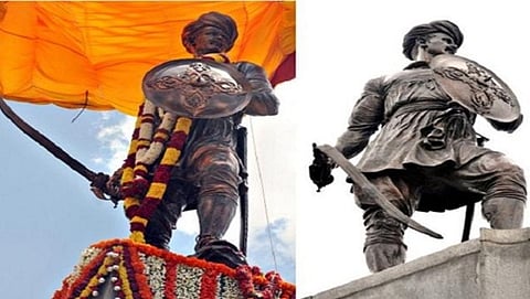 ಬೆಂಗಳೂರಿನ ಮೆಜೆಸ್ಟಿಕ್ ಸಮೀಪವಿರುವ ಸಂಗೊಳ್ಳಿ ರಾಯಣ್ಣ ಪ್ರತಿಮೆ, ಬಲಚಿತ್ರದಲ್ಲಿ ಬಗ್ಗಿರುವ ಖಡ್ಗ