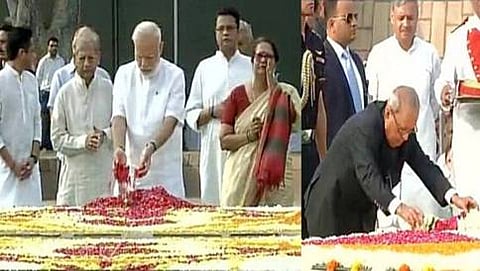 ರಾಜ್ ಘಾಟ್'ಗೆ ಭೇಟಿ: ರಾಷ್ಟ್ರಪಿತ ಗಾಂಧೀಜಿಗೆ ನಮನ ಸಲ್ಲಿಸಿದ ಮೋದಿ, ಪ್ರಣಬ್