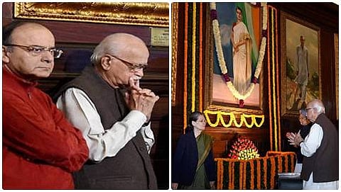 ಮಾಜಿ ಪ್ರಧಾನಿ ದಿವಂಗತ ಇಂದಿರಾ ಗಾಂಧಿಯವರ ಜಯಂತಿ ಅಂಗವಾಗಿ ದೆಹಲಿಯಲ್ಲಿ ನಡೆದ ಗೌರವ ನಮನದಲ್ಲಿ ಬಿಜೆಪಿ ಹಿರಿಯ ನಾಯಕ ಎಲ್ .ಕೆ.ಅಡ್ವಾಣಿ, ಮಾಜಿ ಪ್ರಧಾನಿ ಡಾ.ಮನಮೋಹನ್ ಸಿಂಗ್, ಸಚಿವ