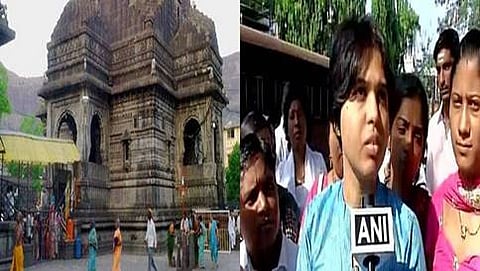 ತ್ರ್ಯಂಬಕೇಶ್ವರ ದೇವಸ್ಥಾನ ಮತ್ತು ಬಲ ಚಿತ್ರದಲ್ಲಿ ತೃಪ್ತಿ ದೇಸಾಯಿ