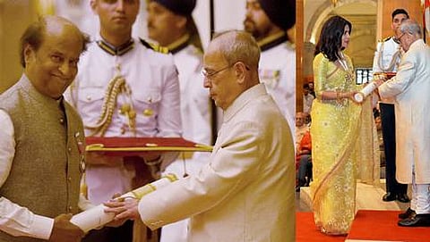 ರಾಷ್ಟ್ರಪತಿ ಪ್ರಣಬ್ ಮುಖರ್ಜಿ ಅವರಿಂದ ಪದ್ಮ ಪ್ರಶಸ್ತಿ ಸ್ವೀಕರಿಸುತ್ತಿರುವ ರಜನಿಕಾಂತ್ ಮತ್ತು ಪ್ರಿಯಾಂಕ ಚೋಪ್ರಾ