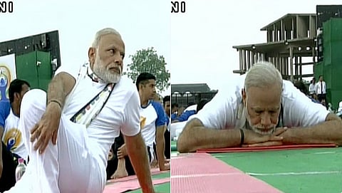 ಯೋಗ ನಿರತ ಪ್ರಧಾನಿ ಮೋದಿ (ಎಎನ್ ಐ ಚಿತ್ರ)
