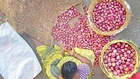ಬೆಂಗಳೂರಿನ ಮಾರುಕಟ್ಟೆಯೊಂದರಲ್ಲಿ ಮಹಿಳೆಯೊಬ್ಬರು ಈರುಳ್ಳಿಯನ್ನು ಪ್ರತ್ಯೇಕಿಸುತ್ತಿರುವುದು