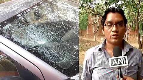ಕಲ್ಲು ತೂರಾಟಕ್ಕೆ ಹಾನಿಗೀಡಾದ ಕಾರು ಮತ್ತು ಆರ್ ಎಸ್ಎಸ್ ನಾಯಕ ರಾಕೇಶ್ ಸಿನ್ಹಾ