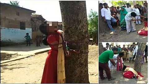 ಮರಕ್ಕೆ ಕಟ್ಟಿರುವ ಯುವತಿ