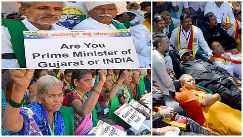 ಪ್ರತಿಭಟನೆಯಲ್ಲಿ ಪಾಲ್ಗೊಂಡಿದ್ದ ವಾಟಾಳ್ ನಾಗರಾಜ್, ಕನ್ನಡ ಒಕ್ಕೂಟ ಕಾರ್ಯಕರ್ತರು ಮತ್ತು ರೈತರು