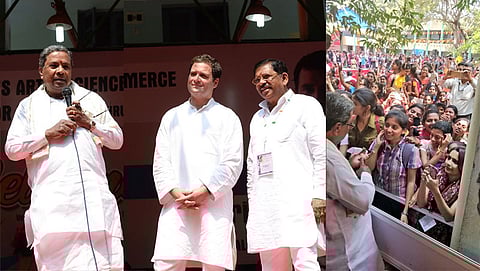 ವಿದ್ಯಾರ್ಥಿಗಳೊಂದಿಗೆ ಸಂವಾದದಲ್ಲಿ ಸಿಎಂ ಸಿದ್ದರಾಮಯ್ಯ ಮತ್ತು ರಾಹುಲ್ ಗಾಂಧಿ (ಚಿತ್ರಕೃಪೆ: ಕೆಪಿಸಿಸಿ ಕರ್ನಾಟಕ ಟ್ವಿಟರ್)