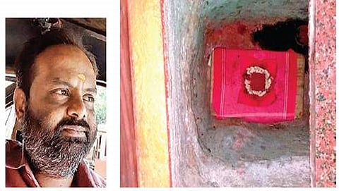 ನನಿಧಿಗಾಗಿ ಪತ್ನಿಯನ್ನು ಬಲಿನೀಡಲು ಮುಂದಾದ ಅರ್ಚಕ ಮಹಲಿಂಗೇಶ್(ಎಡ), ನಿಧಿಗಾಗಿ ಹೋಮಕ್ಕೆ ಸಿದ್ದವಾದ ಹೊಂಡ(ಬಲ)