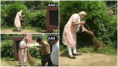 ಸ್ವಚ್ಛ ಕಾರ್ಯದಲ್ಲಿ ತೊಡಗಿರುವ ಪ್ರಧಾನ ಮಂತ್ರಿ ನರೇಂದ್ರ ಮೋದಿ