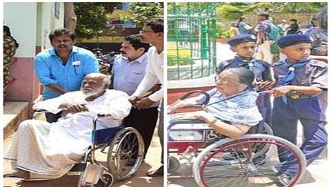 ಶಿವಾಜಿನಗರದ ಮತಗಟ್ಟೆಯಲ್ಲಿ ವೃದ್ಧರಿಗೆ ಸಹಾಯ ಮಾಡುತ್ತಿರುವ ಮಕ್ಕಳು