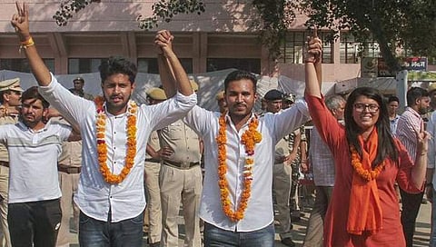 ಎಬಿವಿಪಿ ಅಭ್ಯರ್ಥಿಗಳಾದ ಅಕ್ಷಿತ್ ದಹಿಯಾ, ಪ್ರದೀಪ್ ತನ್ವಾರ್ ಮತ್ತು ಶಿವಾಂಗಿ ಖರ್ವಾಲ್ (ಪಿಟಿಐ ಚಿತ್ರ)