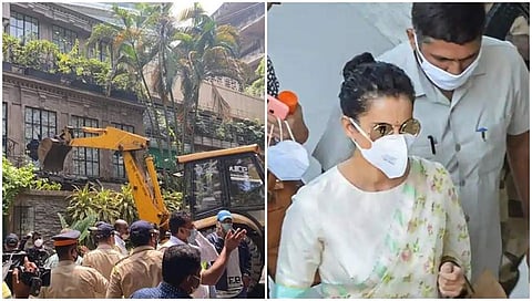 ಎಡಚಿತ್ರದಲ್ಲಿ ಜೆಸಿಬಿ ಮೂಲಕ ಬಿಎಂಸಿ ಕಟ್ಟಡ ನೆಲಸಮ ಕಾರ್ಯಾಚರಣೆ, ಬಲಚಿತ್ರದಲ್ಲಿ ಮುಂಬೈಗೆ ಆಗಮಿಸುತ್ತಿರುವ ನಟಿ ಕಂಗನಾ