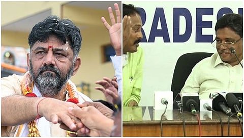 ಡಿ ಕೆ ಶಿವಕುಮಾರ್ ಮತ್ತು ಕೆಪಿಸಿಸಿ ಕಚೇರಿಯ ವೇದಿಕೆಯಲ್ಲಿ ಮಾತನಾಡಿಕೊಂಡ ಸಲೀಂ ಮತ್ತು ವಿ ಎಸ್ ಉಗ್ರಪ್ಪ